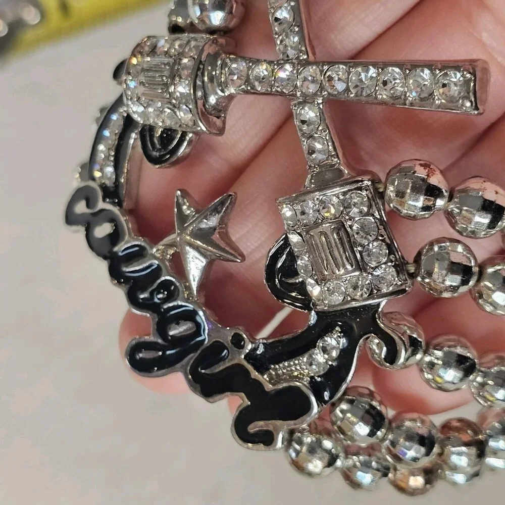 Cowgirl Stretch Bracelet Silver Tone‎ Beaded Rhinestones Star Chunky Western